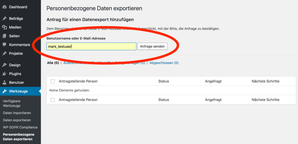 WordPress Screenshot: Personenbezogene Daten exportieren - Anfrage senden