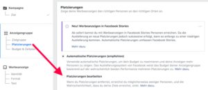 Screenshot: Facebook Werbeanzeigenmanager - Platzierungen bearbeiten